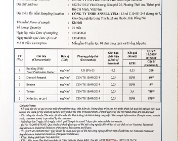 HỆ THỐNG XỬ LÝ KHÍ THẢI PHÒNG R&D ANSELL VINA ĐẠT QUY CHUẨN MÔI TRƯỜNG QUY ĐỊNH