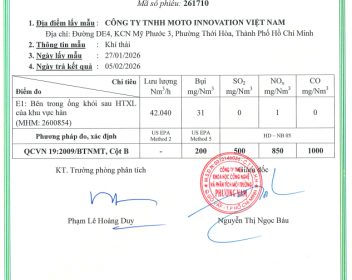 HỆ THỐNG XỬ LÝ KHÍ THẢI MOTOINNOVATION VIỆT NAM ĐẠT QUY CHUẨN MÔI TRƯỜNG CẤP GIẤY PHÉP MÔI TRƯỜNG GĐ 2